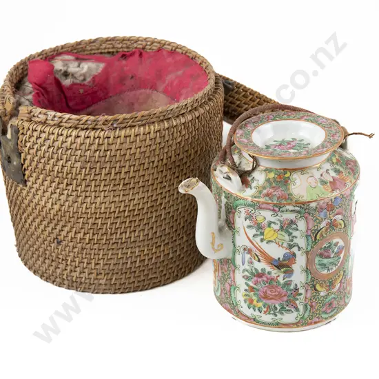 Canton Famille Rose Porcelain Teapot in a Fitted Woven Cane basket