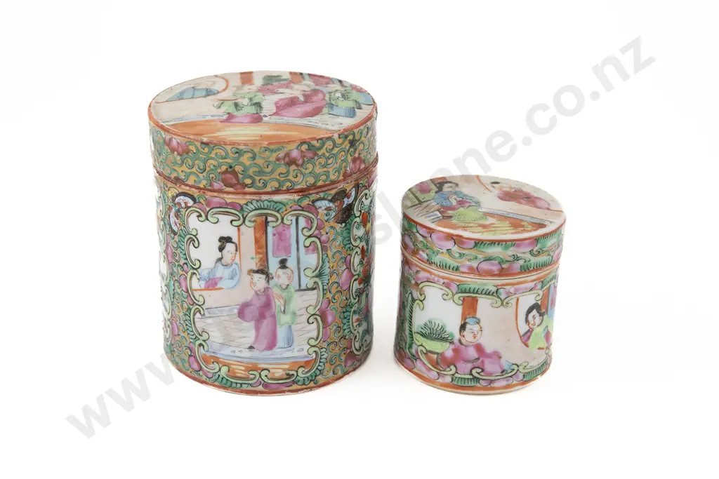 Two Chinese Canton Famille Rose Lidded Cylindrical Boxes Image 1++