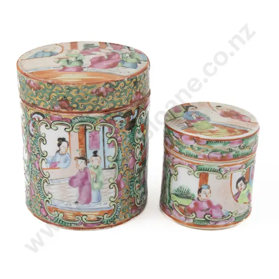 Two Chinese Canton Famille Rose Lidded Cylindrical Boxes