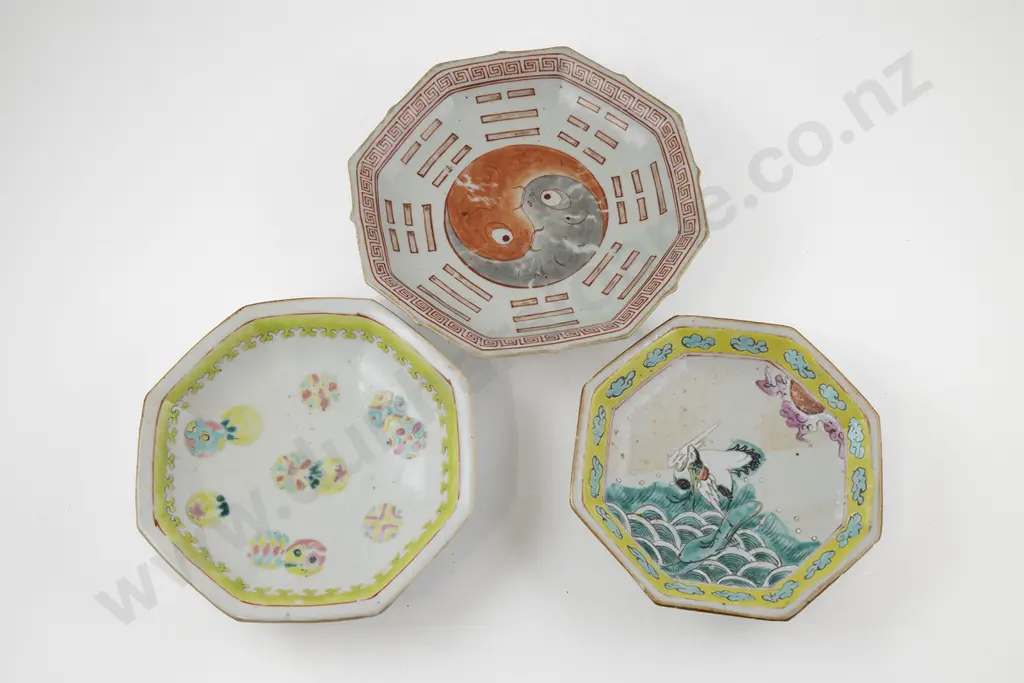 Three Chinese Hand Painted Pedestal Dishes Image 1++