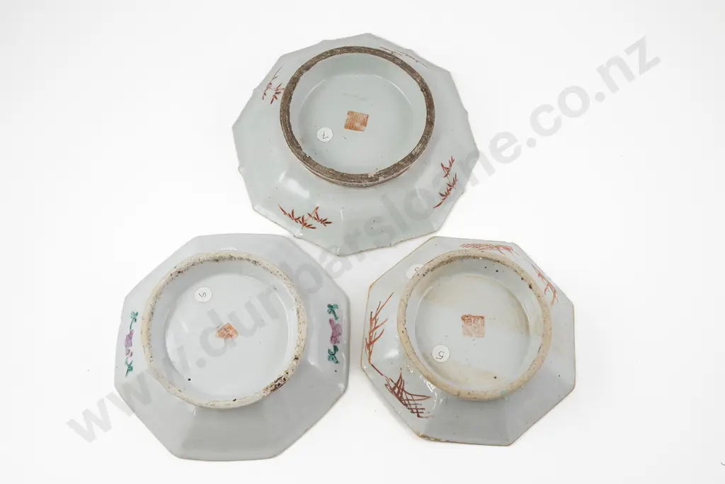 Three Chinese Hand Painted Pedestal Dishes Image 1++