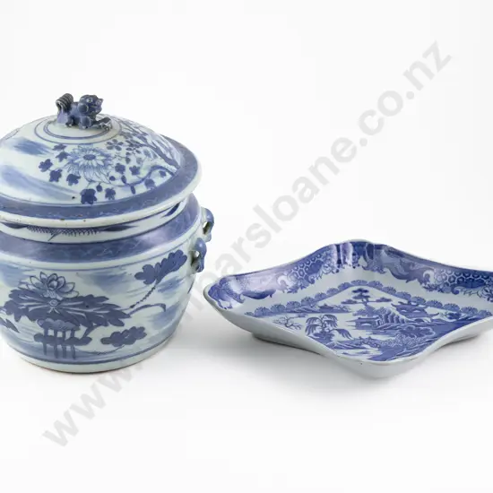 Chinese 19th Century Blue and White Potiche together with a Export Porcelain Dish