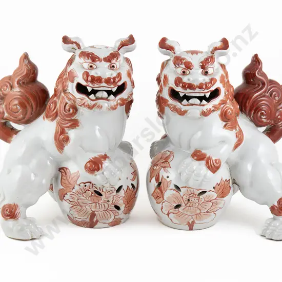 Pair of Japanese Porcelain Kutani Guardian Lion Shishi  Dogs