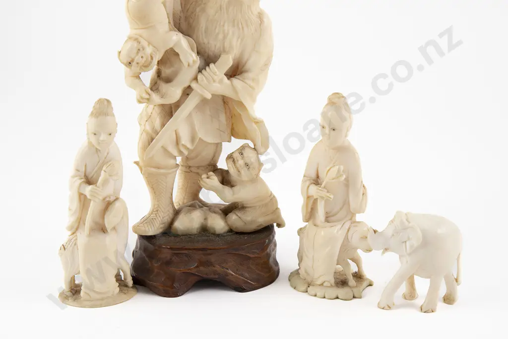 Japanese Ivory Figure Group of Sennin in Battle with Three Oni Image 1++