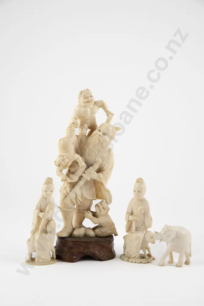 Japanese Ivory Figure Group of Sennin in Battle with Three Oni Image 1++
