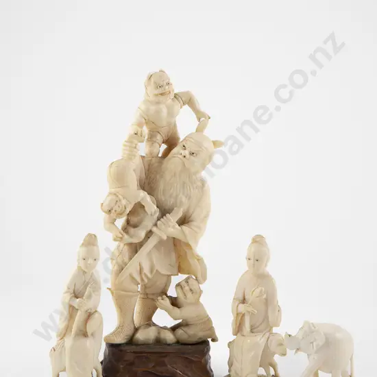 Japanese Ivory Figure Group of Sennin in Battle with Three Oni