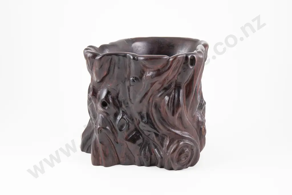 Chinese Hardwood Brush Pot Modelled As A Gnarled Tree Stump Image 1++