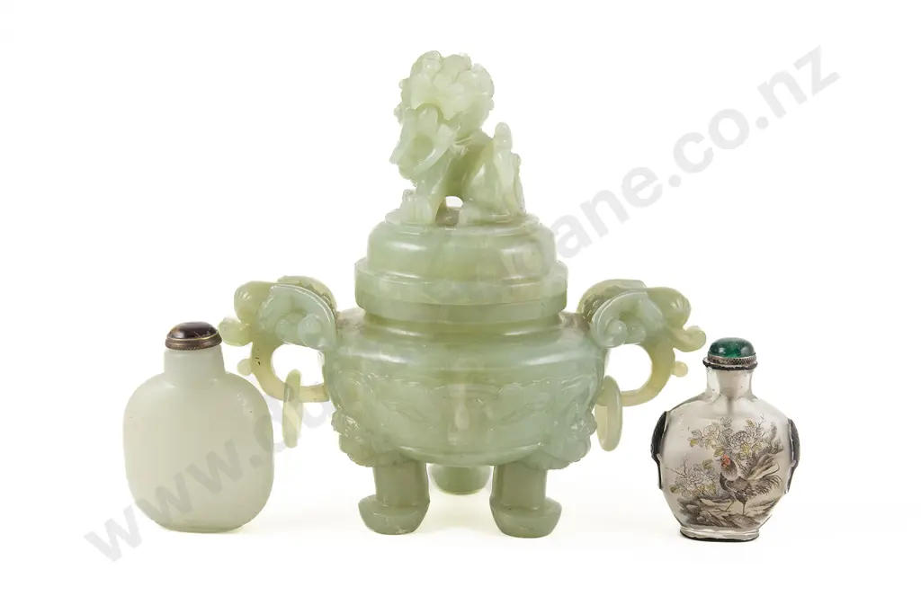 A Chinese Green Jade Censor and Cover and Two Snuff Bottles Image 1++