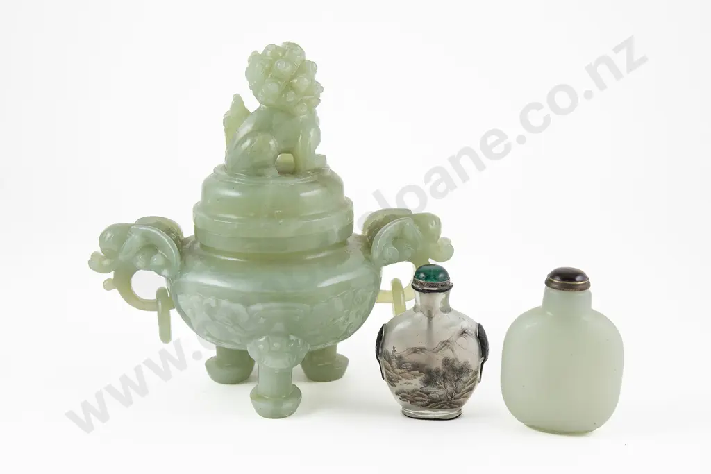 A Chinese Green Jade Censor and Cover and Two Snuff Bottles Image 1++