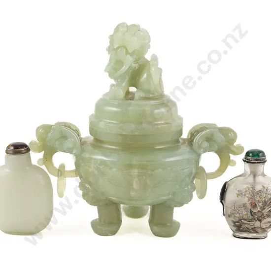 A Chinese Green Jade Censor and Cover and Two Snuff Bottles