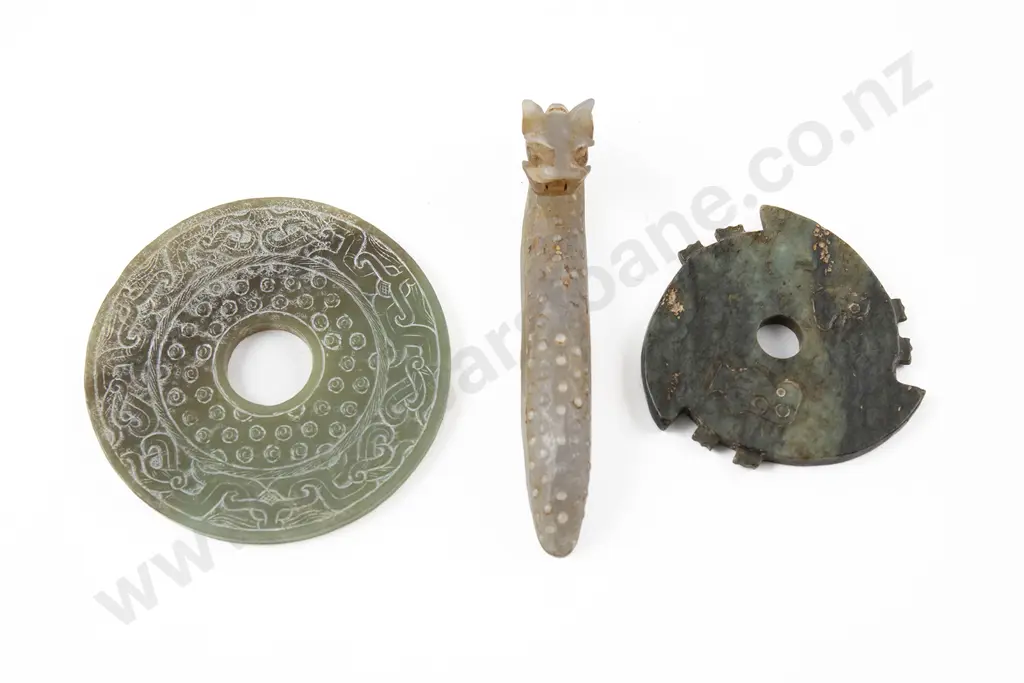 Chinese Celadon Jade Warring States Style Buckle and Two Bi Discs Image 1++