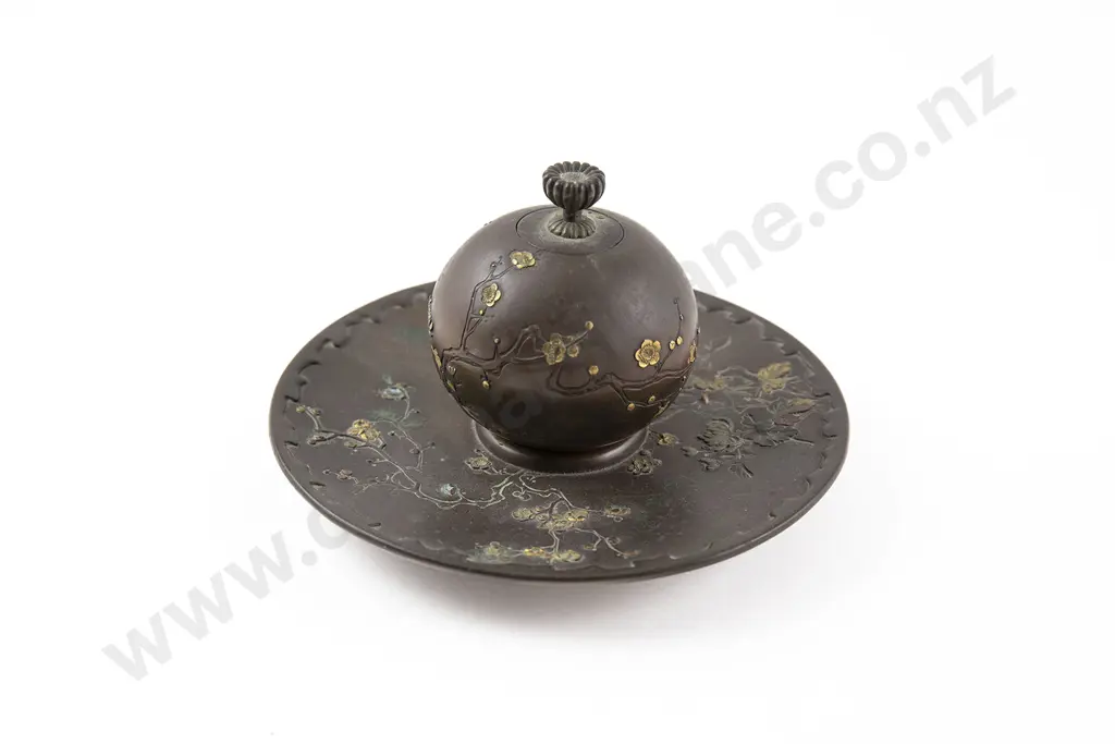 Japanese Meiji Period Copper Shibayama Ink Well and Dish Image 1++