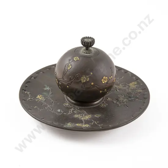 Japanese Meiji Period Copper Shibayama Ink Well and Dish