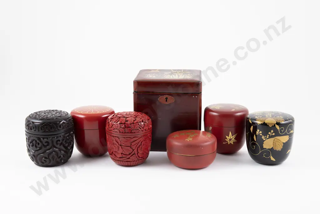 A Japanese Lacquer Tea Caddy and Six Incense Boxes Image 1++