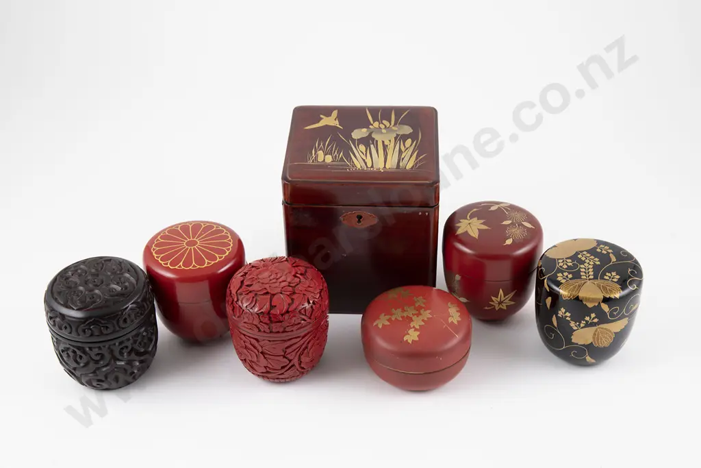 A Japanese Lacquer Tea Caddy and Six Incense Boxes Image 1++