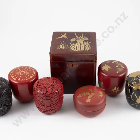 A Japanese Lacquer Tea Caddy and Six Incense Boxes
