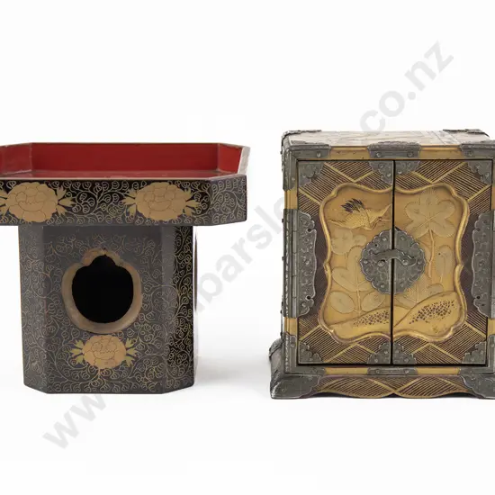 A Japanese Meiji Period Lacquer Jewellery Box and an Offering Stand