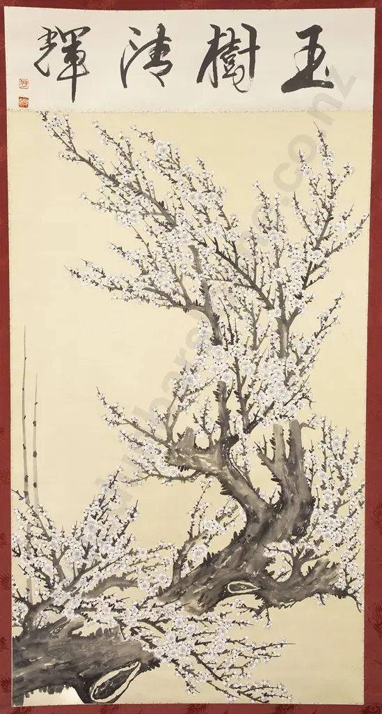 A Japanese Scroll Painting of a Flowering Cherry Blossom Tree Image 1++