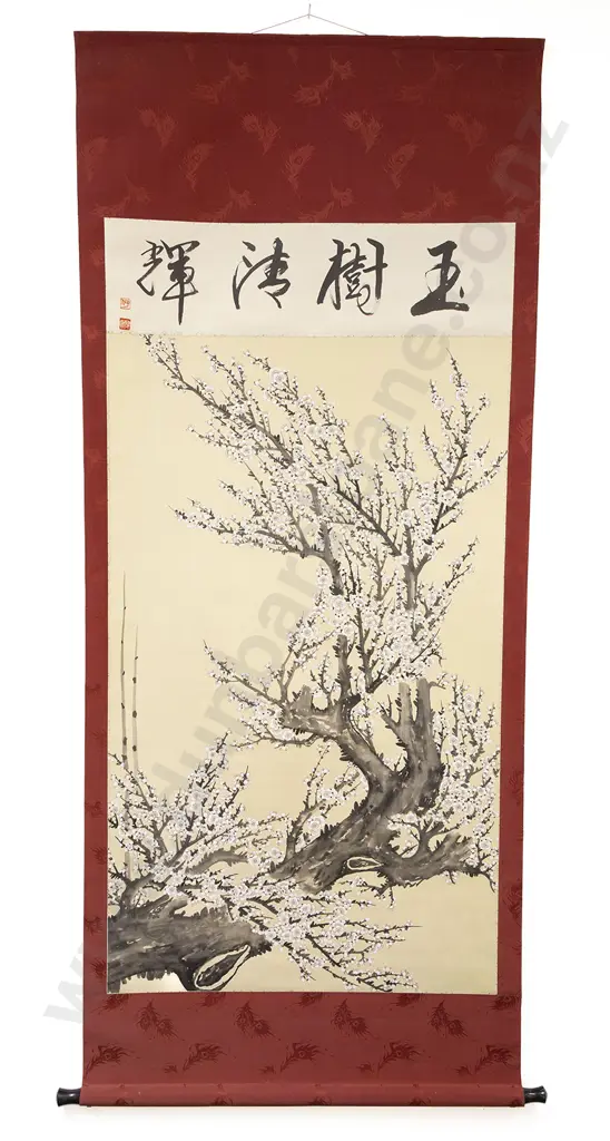A Japanese Scroll Painting of a Flowering Cherry Blossom Tree Image 1++
