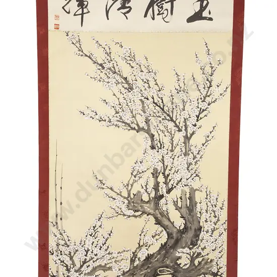 A Japanese Scroll Painting of a Flowering Cherry Blossom Tree