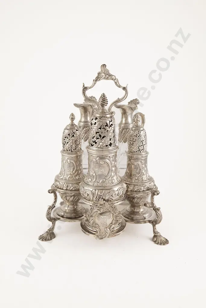 A Superb Geo III S/S Warwick 5pce Cruet Set & Stand Image 1++