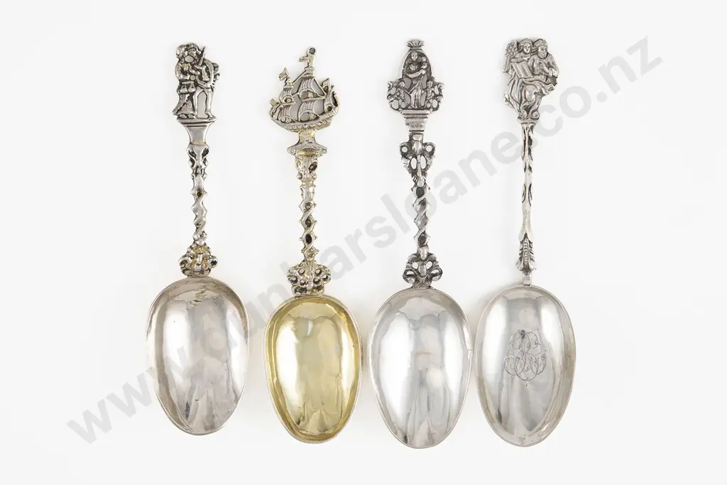Four Ornate Dutch Late C18th - Early C19th Silver Marriage Spoons Image 1++