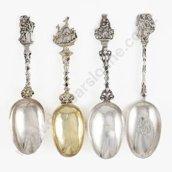 Four Ornate Dutch Late C18th - Early C19th Silver Marriage Spoons