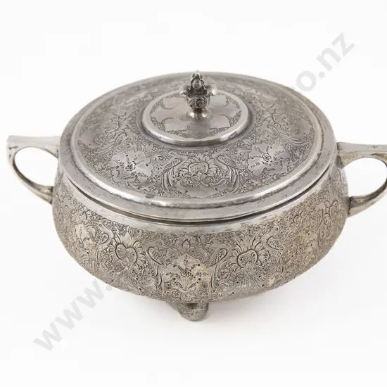 Egyptian Silver Two Handled Circular Lidded Box
