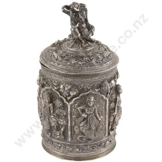 Burmese Repousse Silver Tea Caddy & Cover