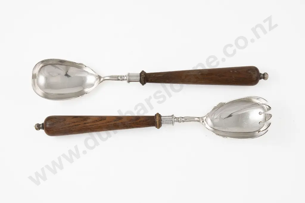 Pair Edw VII S/S Oak Handled Salad Servers Image 1++