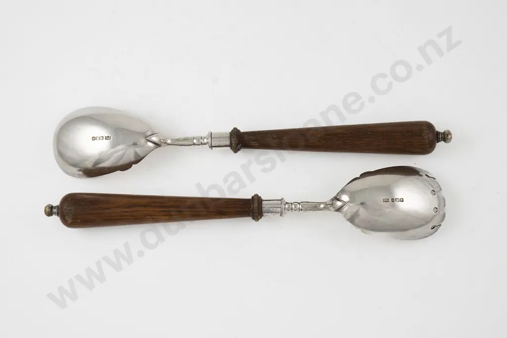 Pair Edw VII S/S Oak Handled Salad Servers Image 1++
