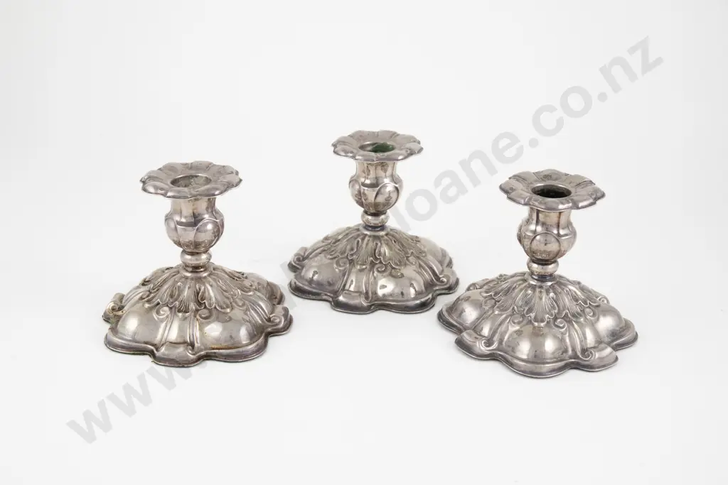 Set Of 3 Unmarked Dwarf Candlesticks (Probably French) Image 1++