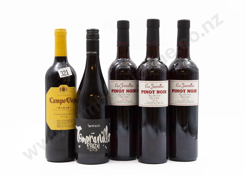 Five Bottles of Assorted Spanish Tempranillo and French Pinot Noir Image 1++