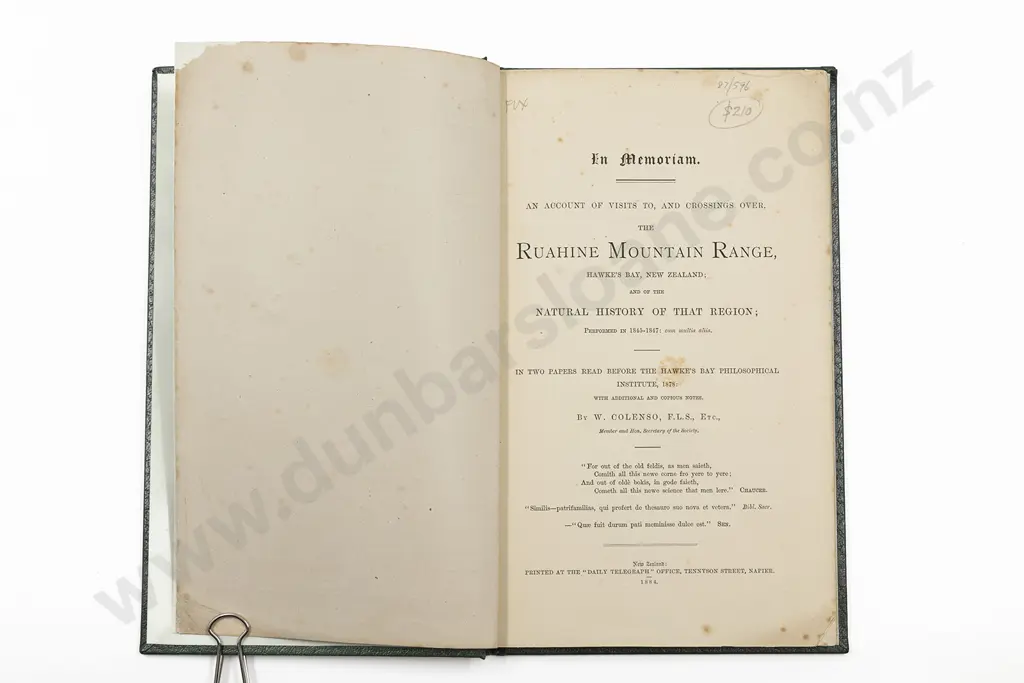 Colenso William - An Account Of Visits To And Crossings Over The Ruahine Mountain Range Image 1++