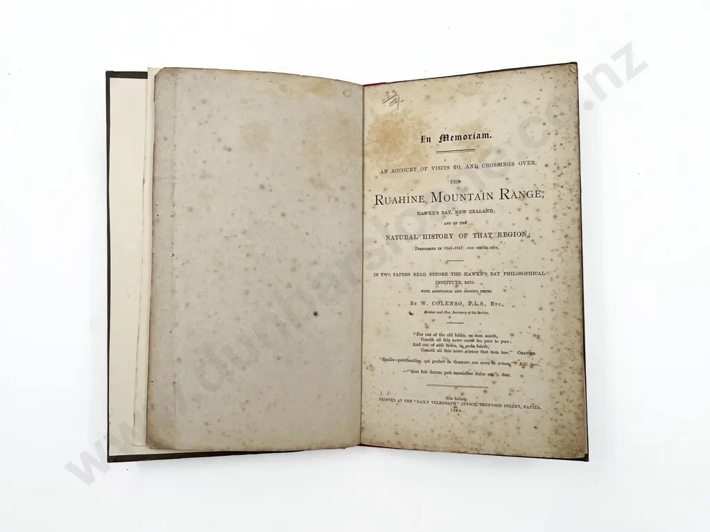 Colenso William - An Account Of Visits To And Crossings Over The Ruahine Mountain Range Image 1++