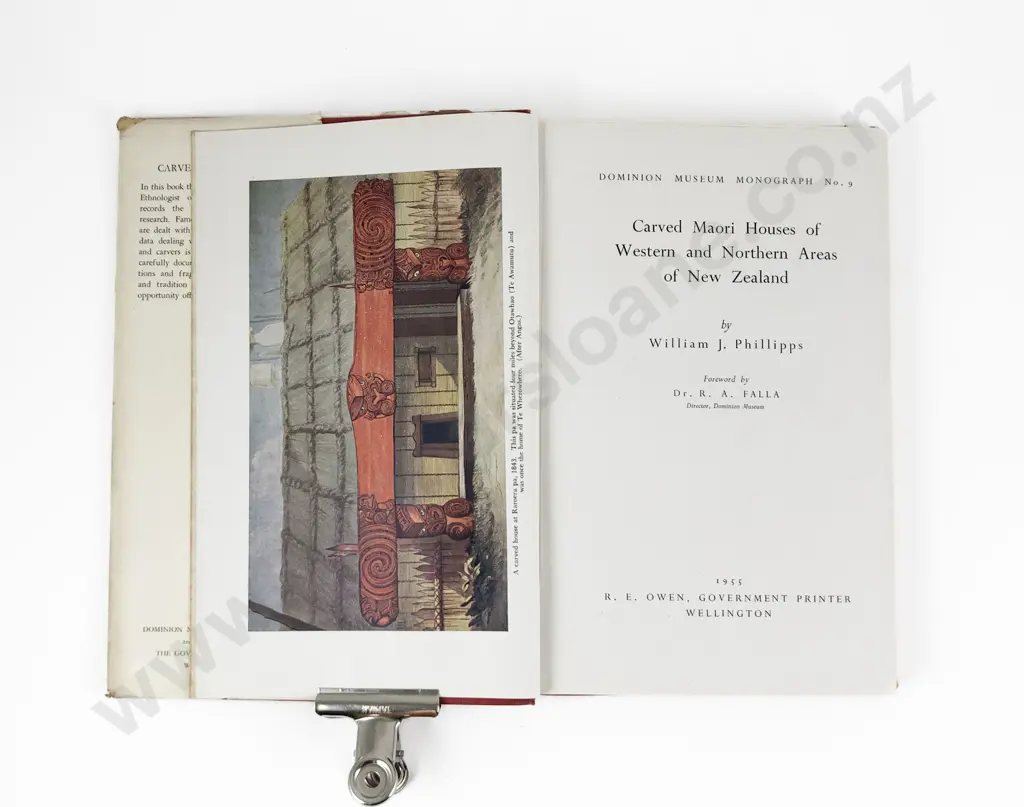 Carved Maori Houses of Western and Northern Areas of New Zealand by W. J Philips. Dominion Museum Monograph No. 9. Wellington Image 1++