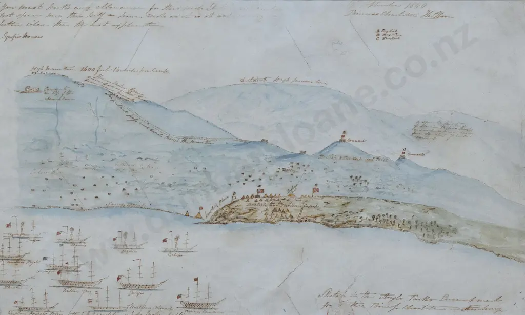Interesting & Rare 1840 Watercolour Sketch of the Anglo-Turko Encampment from the Princess Charlotte Anchorage Image 1++