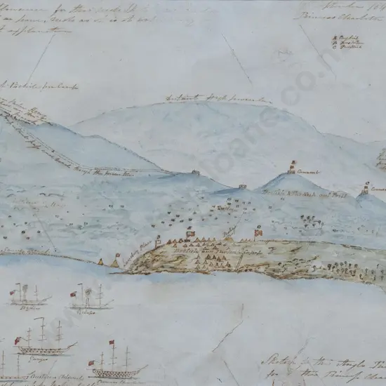Interesting & Rare 1840 Watercolour Sketch of the Anglo-Turko Encampment from the Princess Charlotte Anchorage