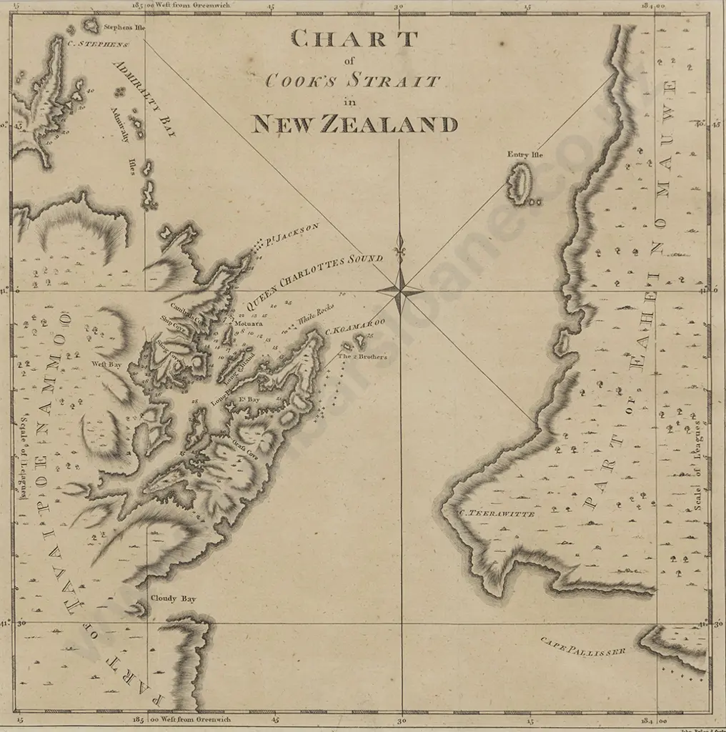 Circa 1773-74 Chart of Cook's Strait in New Zealand Image 1++