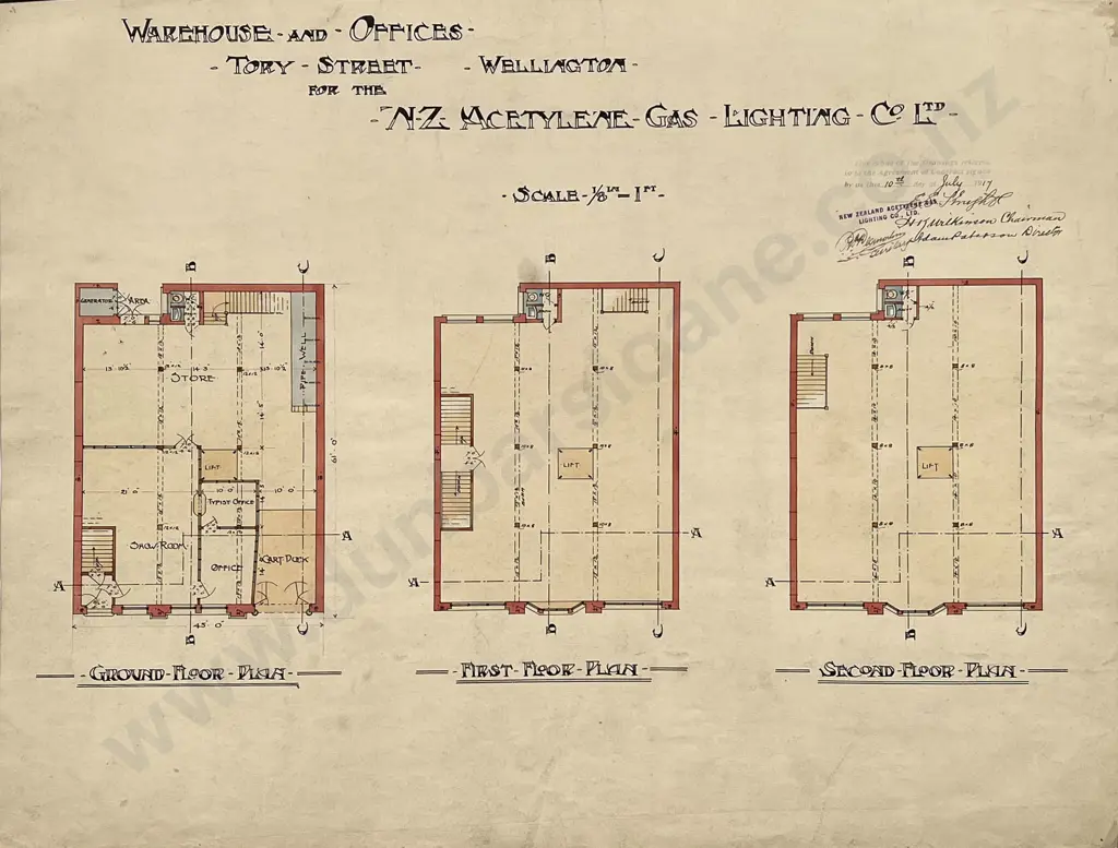 Two 1917 Architects Drawings For Warehouse and Offices Tory Street for the NZ Acetylene Gas Lighting Co Ltd Image 1++