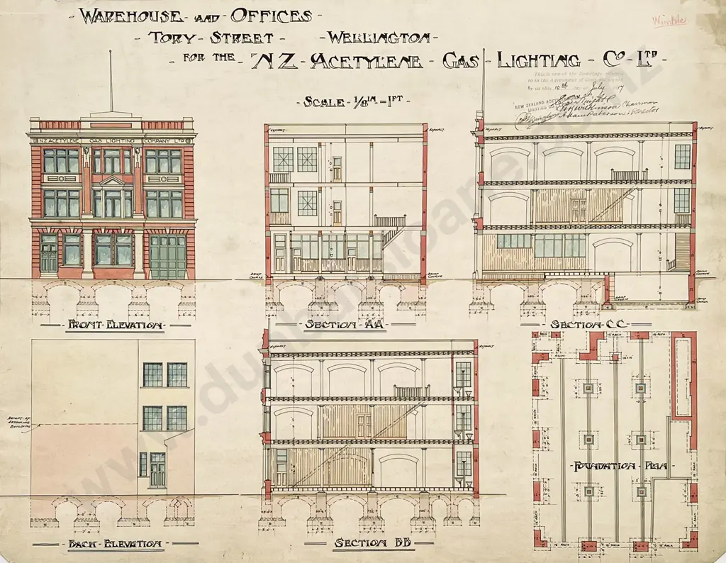 Two 1917 Architects Drawings For Warehouse and Offices Tory Street for the NZ Acetylene Gas Lighting Co Ltd Image 1++