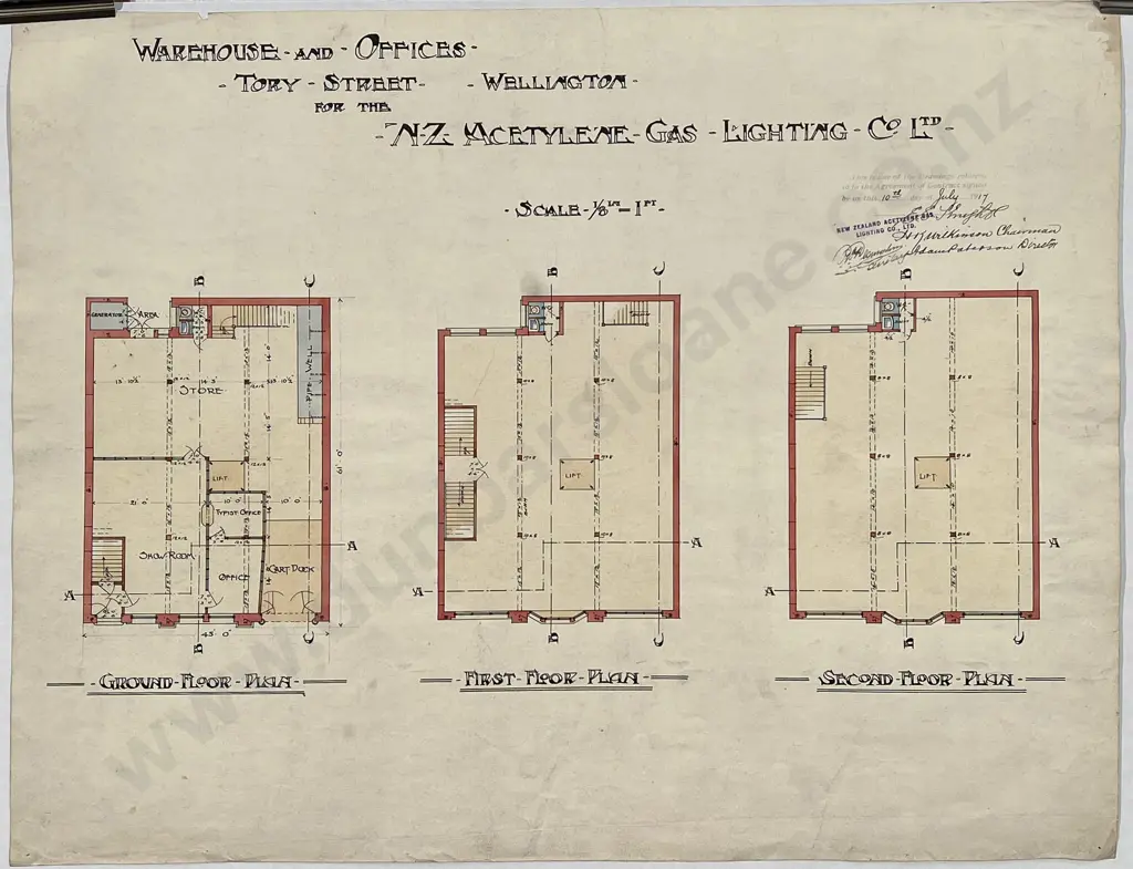 Two 1917 Architects Drawings For Warehouse and Offices Tory Street for the NZ Acetylene Gas Lighting Co Ltd Image 1++