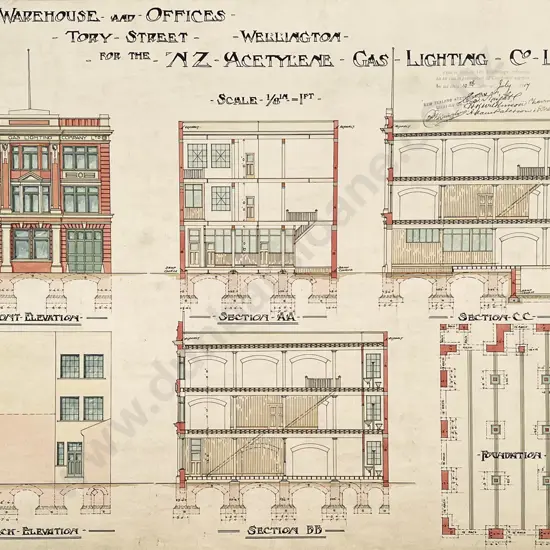 Two 1917 Architects Drawings For Warehouse and Offices Tory Street for the NZ Acetylene Gas Lighting Co Ltd