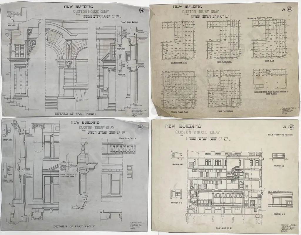 Rare 1909 Set Of 38 Architects Working Drawings For A New Building Custom House Quay For Union Steam Ship Co Designed and drawn by Crighton & McKay Image 1++