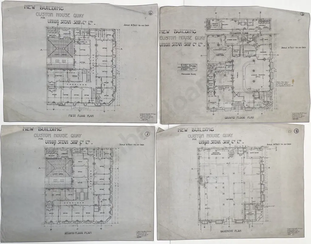Rare 1909 Set Of 38 Architects Working Drawings For A New Building Custom House Quay For Union Steam Ship Co Designed and drawn by Crighton & McKay Image 1++