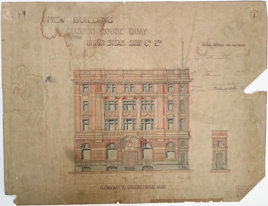 Rare 1909 Set Of 38 Architects Working Drawings For A New Building Custom House Quay For Union Steam Ship Co Designed and drawn by Crighton & McKay Image 1++