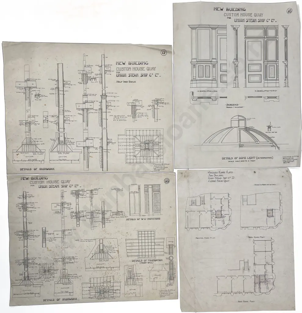 Rare 1909 Set Of 38 Architects Working Drawings For A New Building Custom House Quay For Union Steam Ship Co Designed and drawn by Crighton & McKay Image 1++