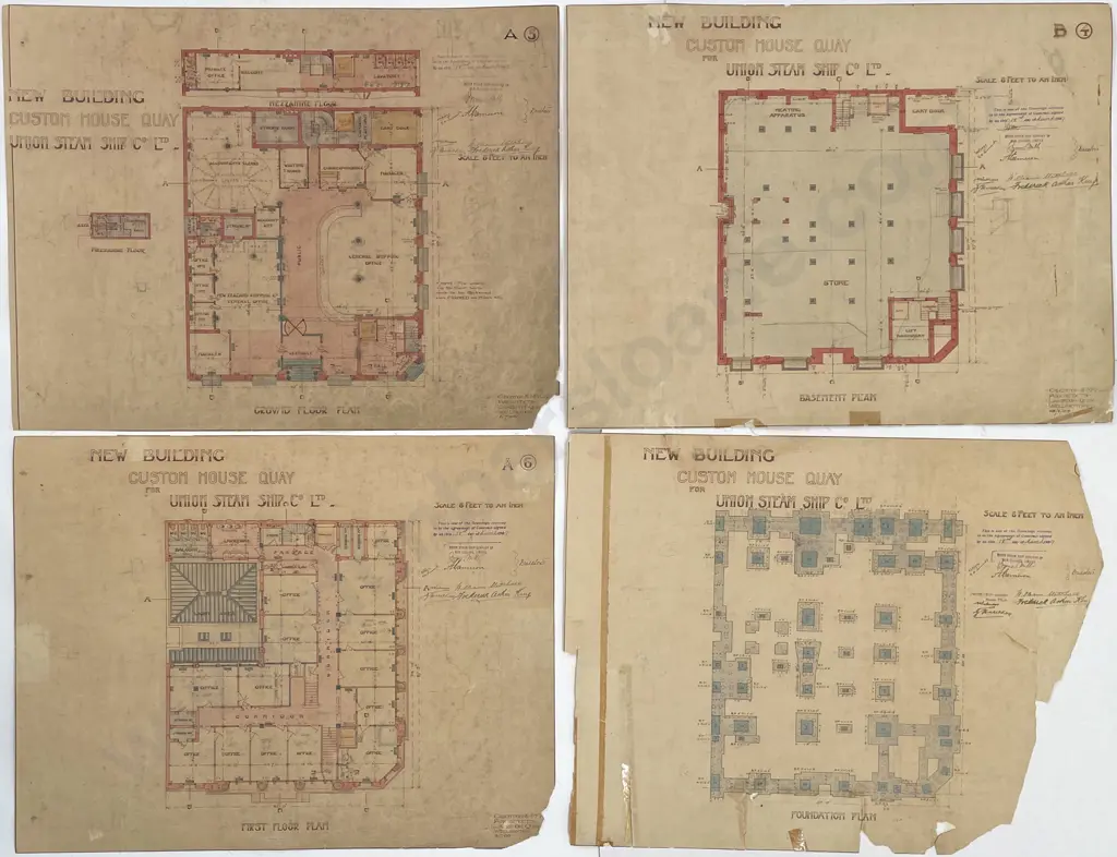 Rare 1909 Set Of 38 Architects Working Drawings For A New Building Custom House Quay For Union Steam Ship Co Designed and drawn by Crighton & McKay Image 1++