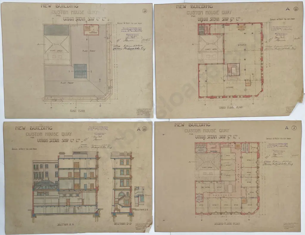 Rare 1909 Set Of 38 Architects Working Drawings For A New Building Custom House Quay For Union Steam Ship Co Designed and drawn by Crighton & McKay Image 1++