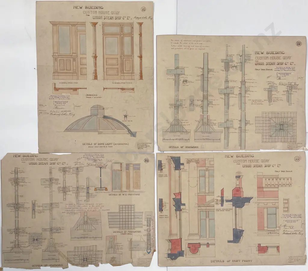 Rare 1909 Set Of 38 Architects Working Drawings For A New Building Custom House Quay For Union Steam Ship Co Designed and drawn by Crighton & McKay Image 1++